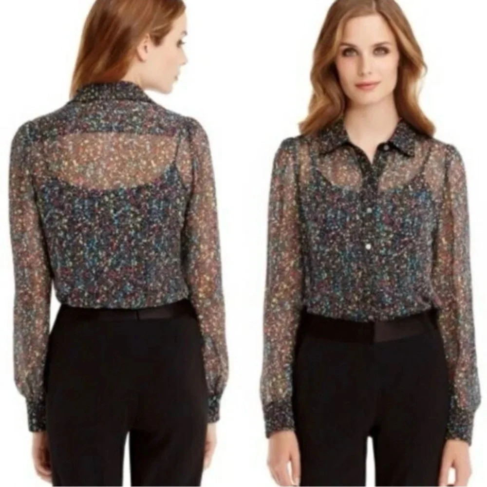 DVF Diane Von Furstenberg Mariah Tweed Confetti Button Front Silk Blouse Sz 6